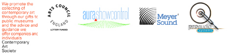 Sponsors logos: Contemporary Arts Society, Arts Council, Aura Show Control, Meyer Sound, Pro Audio