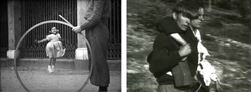 2 films stills. The first is a small girl jumping. The second is two men, one helping the other to walk.