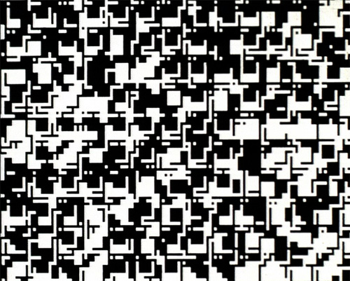 Lillian Schwartz film still from Googolplex: Abstract computer animation in black and white.