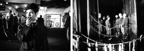 2 film stills. The first shows a young boy alone in the Paris Metro, the second shows a group of men in hard hats underground